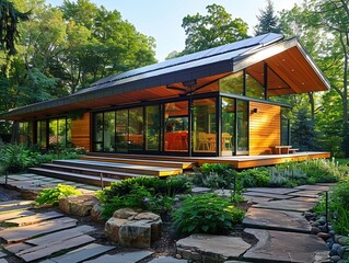 Fototapeta na wymiar Green house, solar panels integration, ecoconscious design, wide angle, lush surroundings, peaceful atmosphere