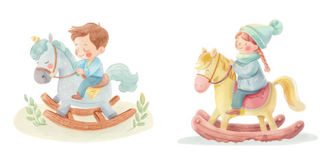 Fototapeta premium cute kid on rocking horse watercolour vector illustration