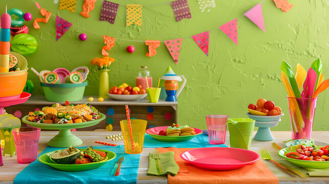 A colorful party table with Mexican decorations, a banner of paper bunting in the background, Mexican food on plates and some colorful glassware. Cinco de mayo. The day of the dead. Dia de los Muertos