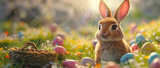 A cartoon rabbit dressed in a pastel egghunting outfit, hopping through a field of colorful Easter...