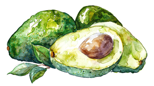 half avocados in watercolor drawing isolated on white or transparent png