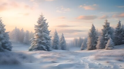 winter landscape with trees in morning