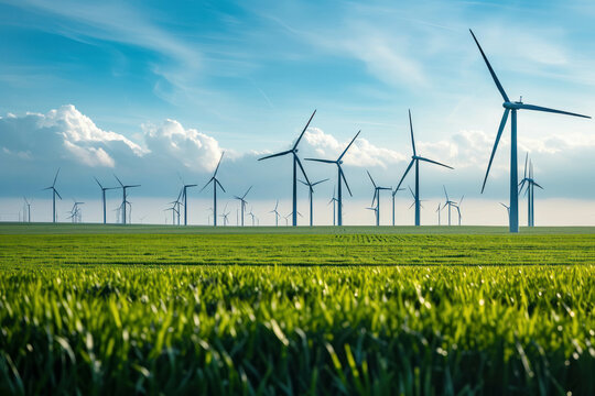 Capture the picturesque scene of wind turbines standing tall amidst the lush greenery of Holland's countryside. AI generative techniques enrich nature photography.