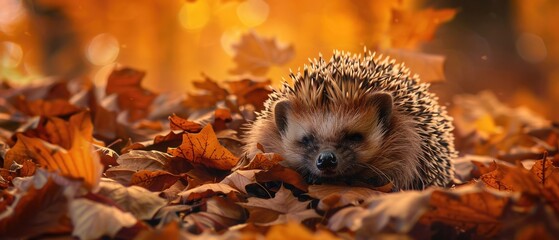 A chubby hedgehog curled into a sleepy ball, its tiny nose peeking out from a bed of soft leaves...