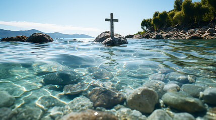 Mystical Underwater Cross  Discovering Spiritual Depth in the Ocean Abyss, Generative Ai