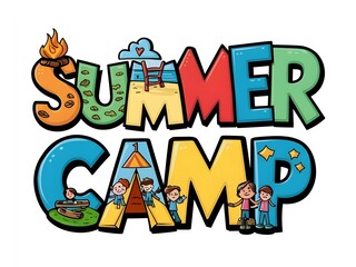 Summer camp with cartoons typography 