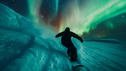 Snowboarder under the Northern Lights on snowy slope at night.
