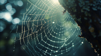 Spiderweb with dewdrops illuminated by sunlight.