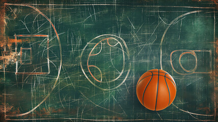 Basketball on chalkboard with strategy play diagram.