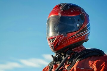 Fototapeta premium Close up of a motorcycle rider wearing a red helmet and protective gear against a clear blue sky