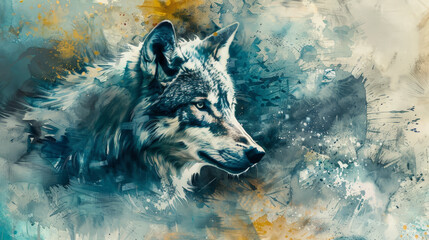 A wolf is staring at the camera with a blue background