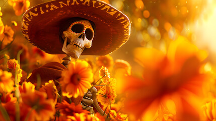 Skeleton with sombrero and poncho, surrounded by orange flowers, blur and bokeh background. Cinco de mayo. The day of the dead. Dia de los Muertos. Halloween