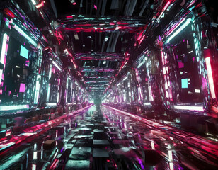 Abstract cycled background 3d animation, neon tunnel with rotating square frames.