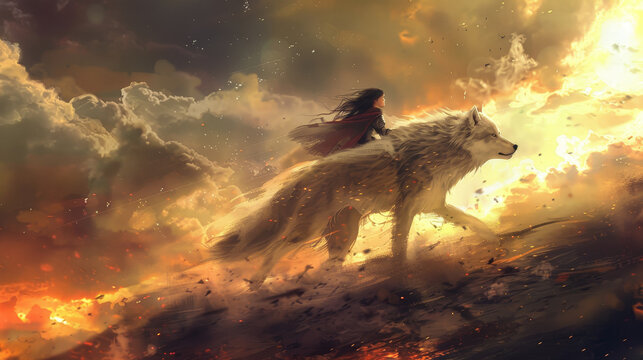 A woman is riding a wolf through a fiery sky