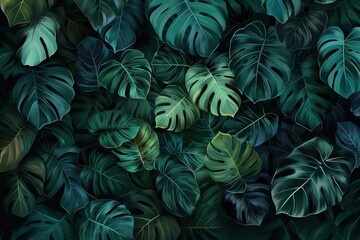 dark green tropical leaf background with Monstera deliciosa. Illustration, flat design, digital art, detailed concept art.