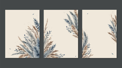 Postcards with watercolor painted grass, dry pampas grass in beige and blue colors No text. Backgrounds for Wedding Invitations in rustic and boho style. Vector