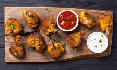 Chicken wings nuggets with sauces on wooden background .
