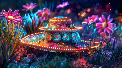 A sombrero decorated with lights and flowers in the grass, with colorful neon lights. Cinco de...