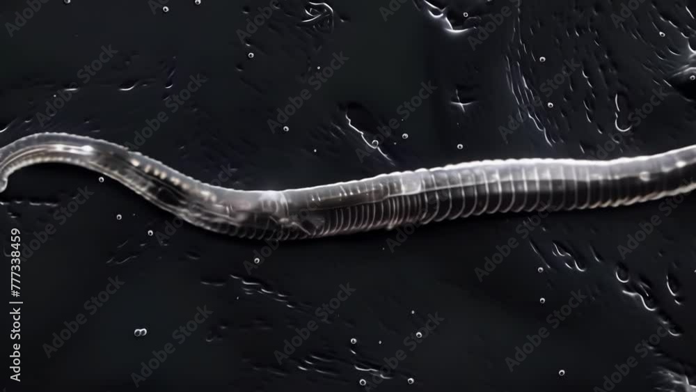 Poster in this high contrast image a nematode is viewed from above as it crawls across a textured surface. 