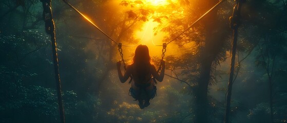 Woman suspended on zipline in lush forest enjoying a thrilling adventure. Concept Outdoor Photoshoot, Adventure, Zipline, Lush Forest, Thrilling Experience
