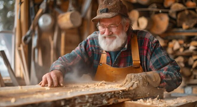 Carpenter shaping wood, craftsmanship and sawdust, creation joy