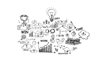 Hand-drawn doodles depicting various success and education concepts on a white background, with a sketch style