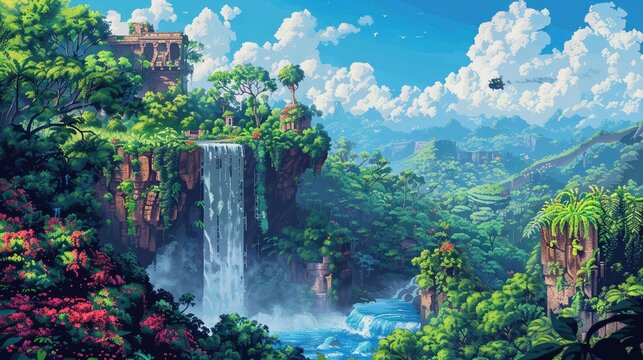 A vibrant pixel art landscape depicting a lush jungle, reminiscent of classic platformers, with hidden temples and waterfalls , high resolution DSLR