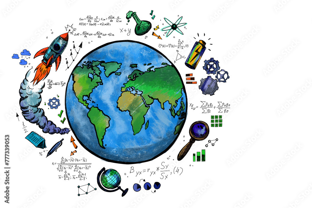 Poster a hand-drawn illustration featuring a globe surrounded by various science and education symbols on a