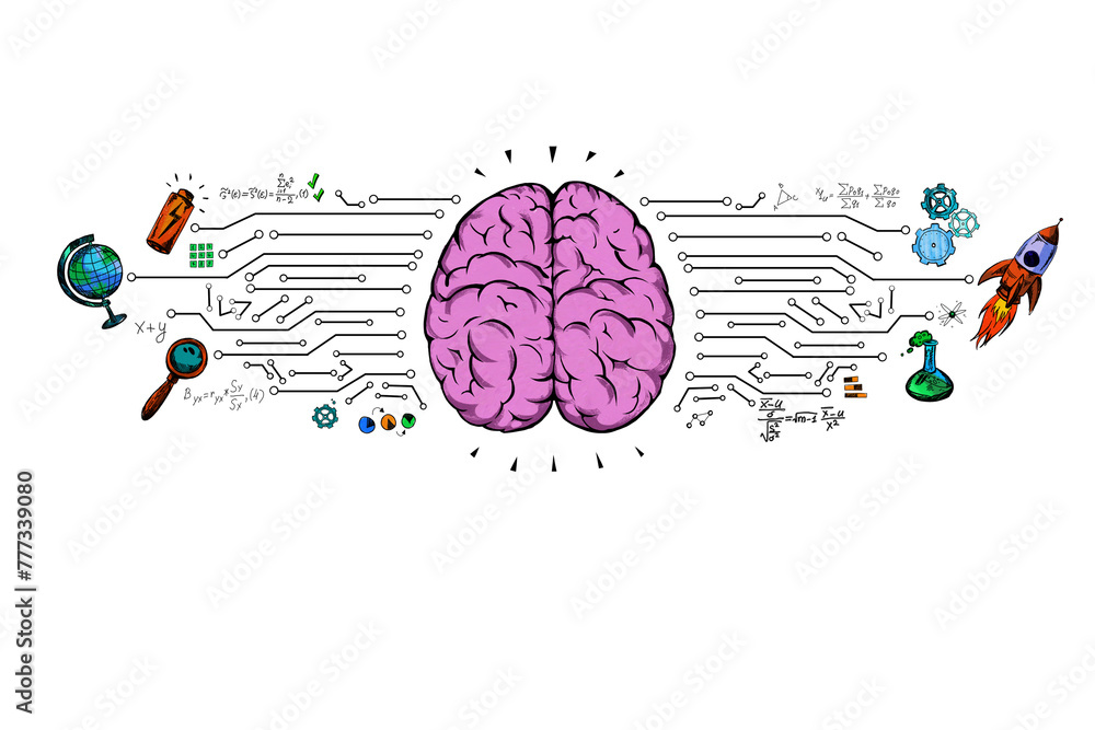Poster illustration of a brain with various science and education symbols on a white background, depicting 