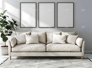 Modern interior of a living room with a sofa and pictures on the wall, 3D rendered illustration