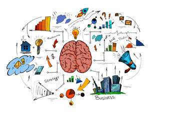 A colorful hand-drawn illustration of a brain surrounded by business concept icons on a white background, portraying creativity in business © Who is Danny