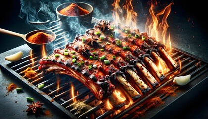 The temptation of spiced green onion and cumin grilled pork ribs, charcoal barbecue
