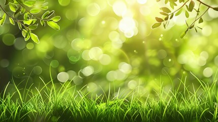 Fototapeta na wymiar Spring background with green grass and sun light bokeh