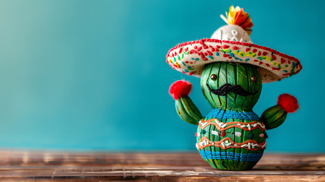 Cactus in sombrero hat and mustache on wooden table, copy space for text. Cinco de mayo. The day of the dead. Dia de los Muertos