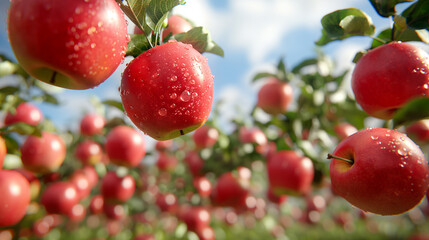 Rainy day in the apple orchard.