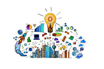Hand-drawn illustration of a creative concept with rockets, buildings, and a light bulb on a white background