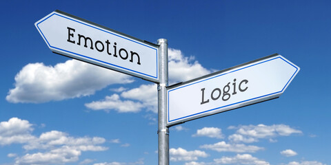 Fototapeta premium Emotion or logic - metal signpost with two arrows