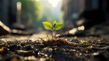 A small sapling emerges from the asphalt - obrazy, fototapety, plakaty