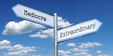 Fototapeta premium Extraordinary or mediocre - metal signpost with two arrows