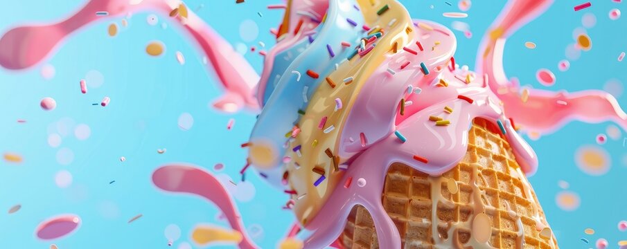 3D render of a colorful ice cream cone with melting liquid swirls and sprinkles on a pastel blue background, in a closeup view.