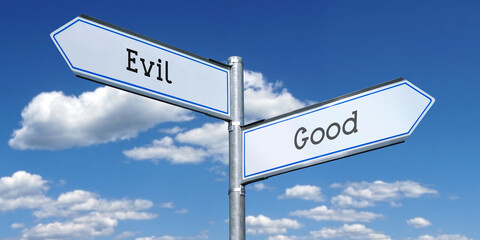Fototapeta premium Good and evil - metal signpost with two arrows