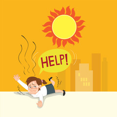  Hand drawn a employee woman who falls over in heat stroke on a hot day. Angry sun Stock, 
Unhealthy heat, Heat Wave concept. Flat, Poster, Vector, Illustration, Cartoon, EPS10. 
