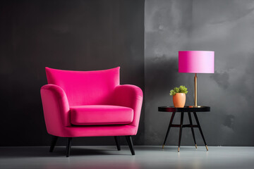 Pink armchair and side table with plant and lamp in front of dark wall background