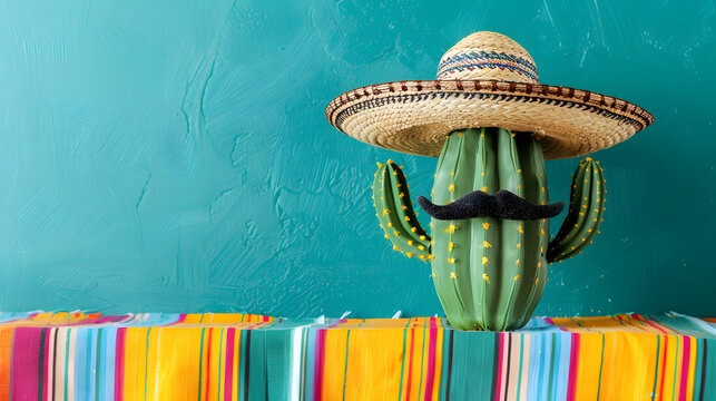 Cactus with mustache and sombrero hat on colorful striped tablecloth, copy space for text. Cinco de mayo. The day of the dead. Dia de los Muertos