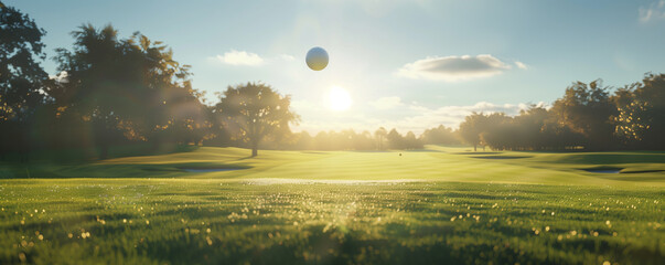 Sunrise over a serene golf course with a golf ball in mid-air.