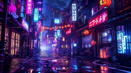 Empty wet city side street at night with lanterns
