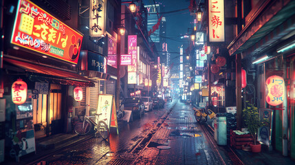 Narrow Tokyo city street at night