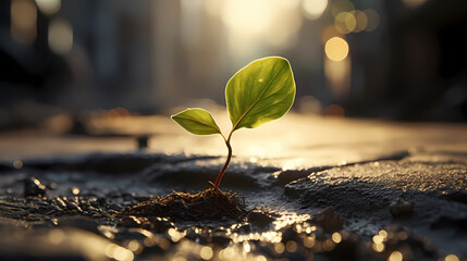 A small sapling emerges from the asphalt - obrazy, fototapety, plakaty