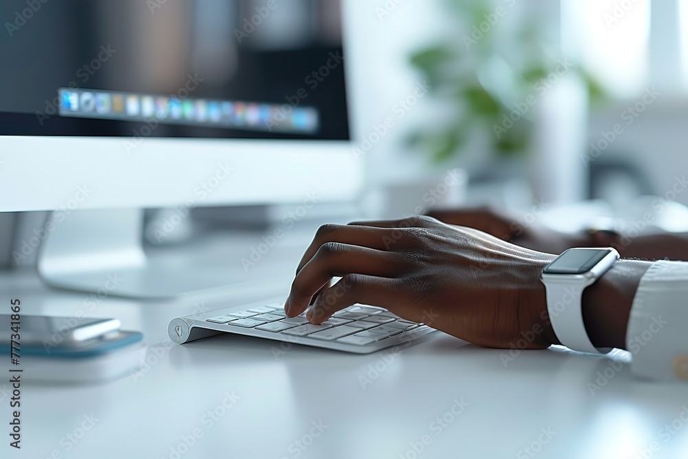 Poster a person is typing on a keyboard in front of a computer monitor