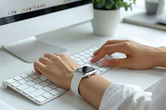 A woman is typing on a keyboard while wearing a watch